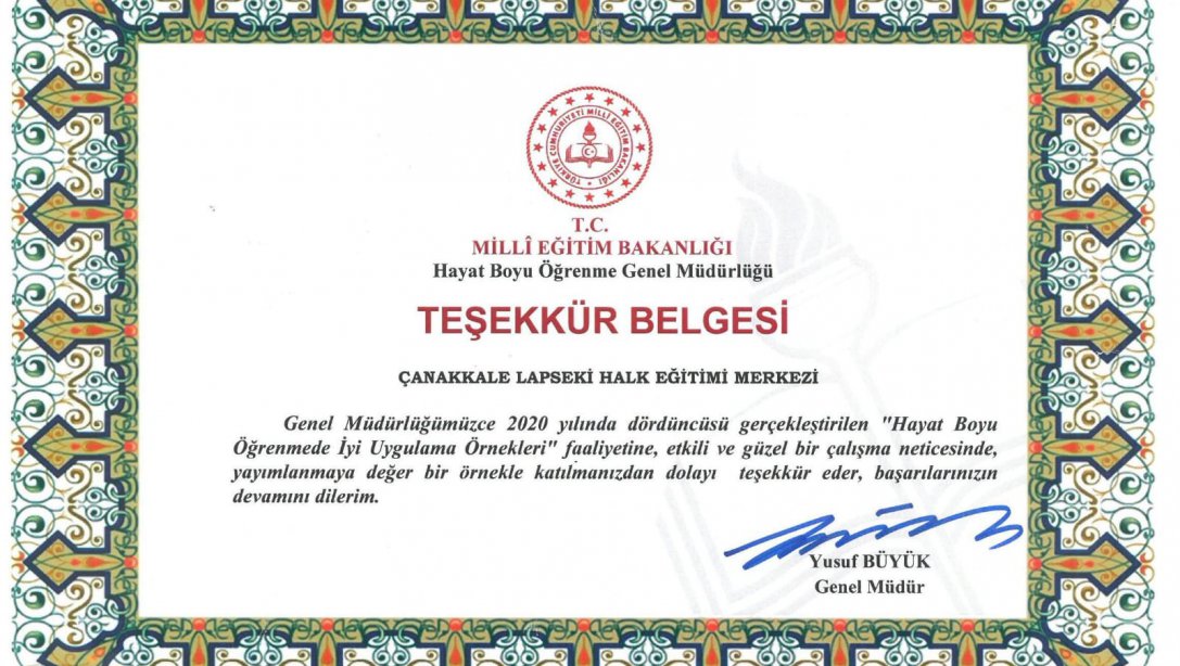 Lapseki İlçesi Halk Eğitimi Merkezi Müdürlüğü Çalışmaları Türkiye Derecesi Kazandı